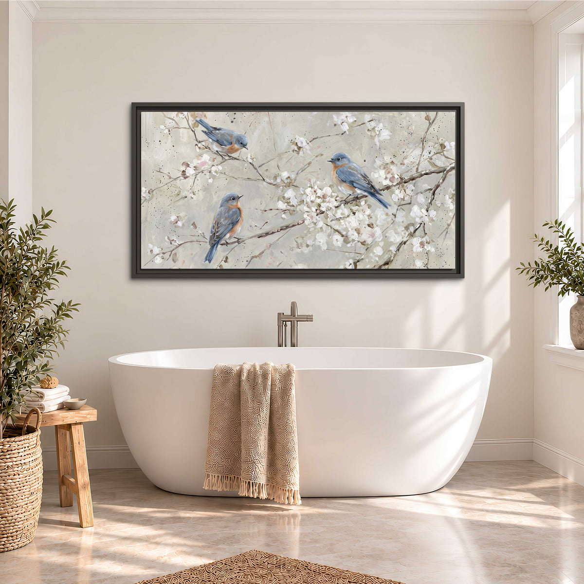 Bluebirds perched on delicate white flowering branches against pale sage single framed canvas wall art styled in an interior