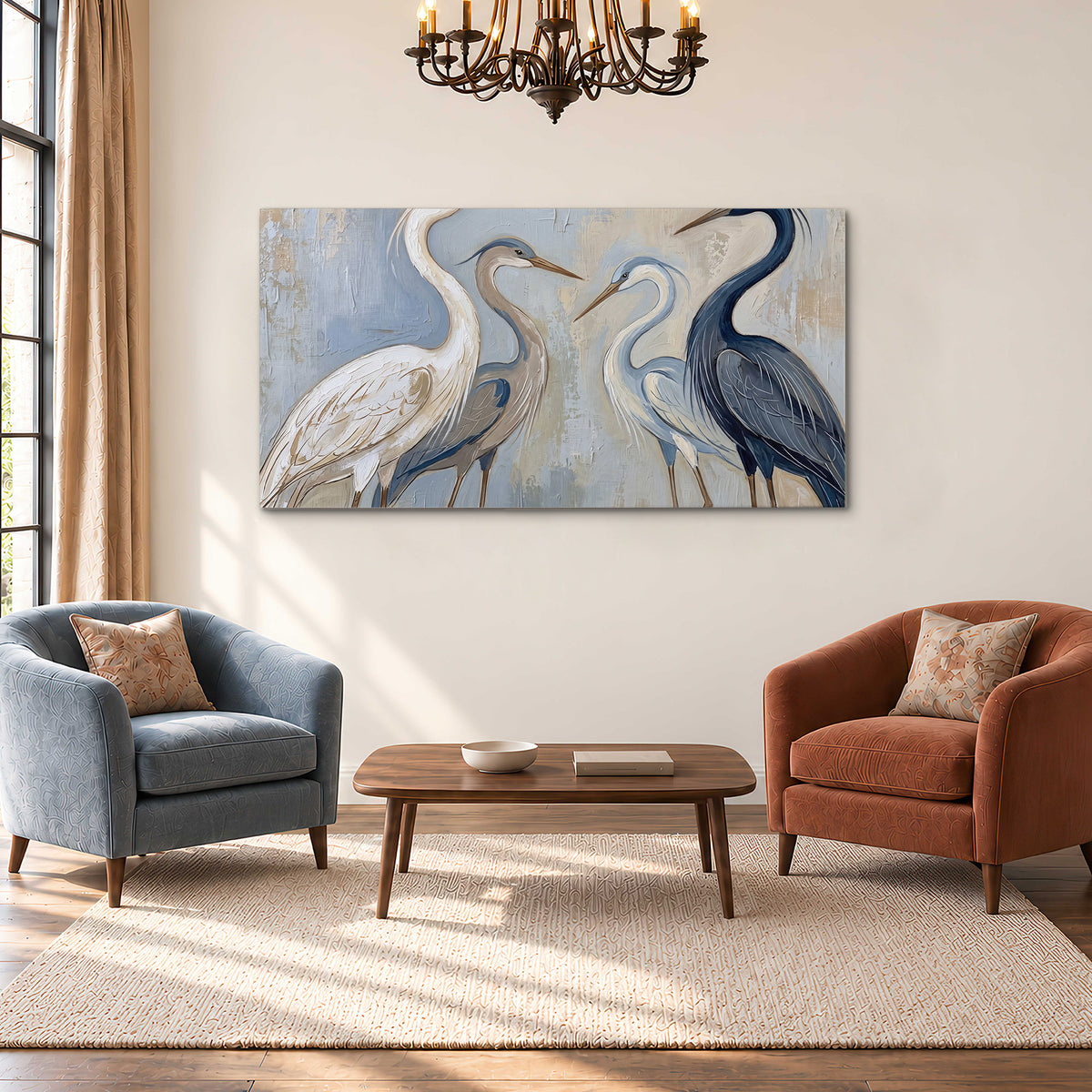 Three long-necked herons in soft ivory and dark blue against pale blue-gray single canvas wall art styled in an interior