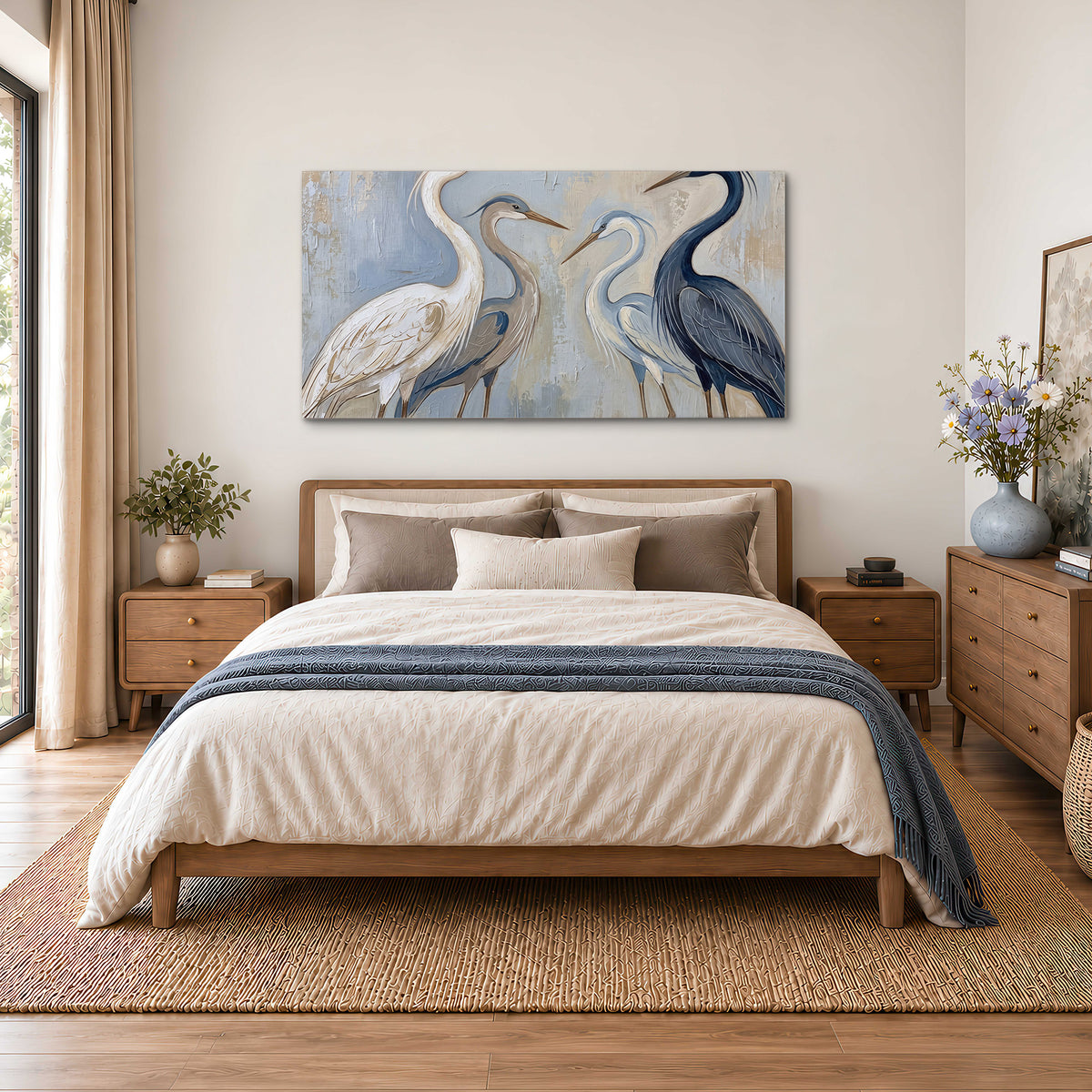 Three long-necked herons in soft ivory and dark blue against pale blue-gray single canvas wall art styled in an interior