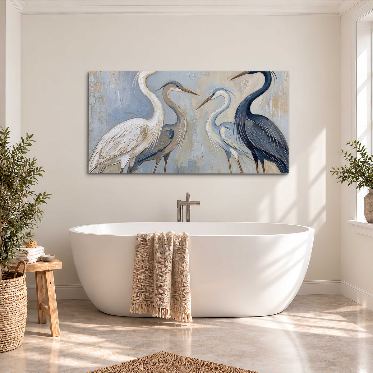 Three long-necked herons in soft ivory and dark blue against pale blue-gray single canvas wall art styled in an interior