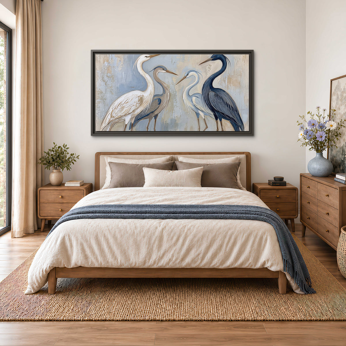 Three long-necked herons in soft ivory and dark blue against pale blue-gray single framed canvas wall art styled in an interior