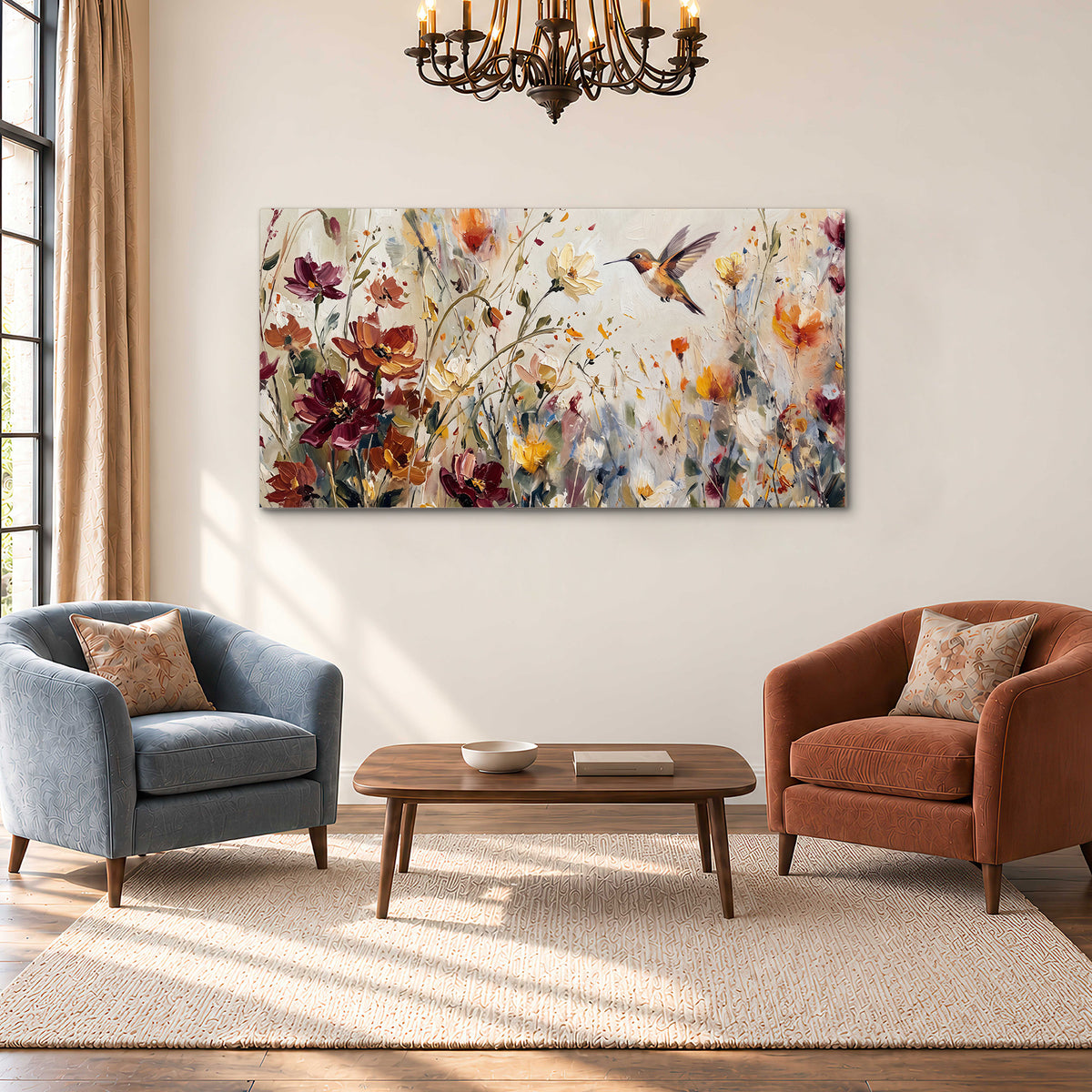 A small hummingbird among delicate pink, rust and ivory flowers single canvas wall art styled in an interior