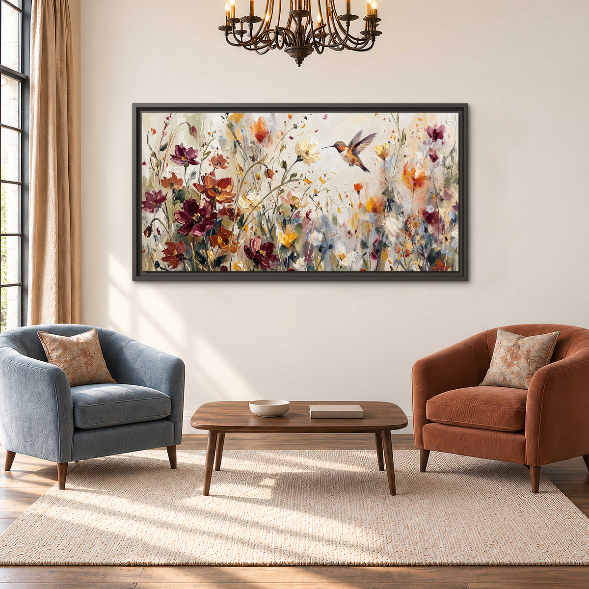 A small hummingbird among delicate pink, rust and ivory flowers single framed canvas wall art styled in an interior