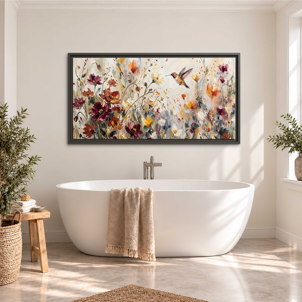 A small hummingbird among delicate pink, rust and ivory flowers single framed canvas wall art styled in an interior