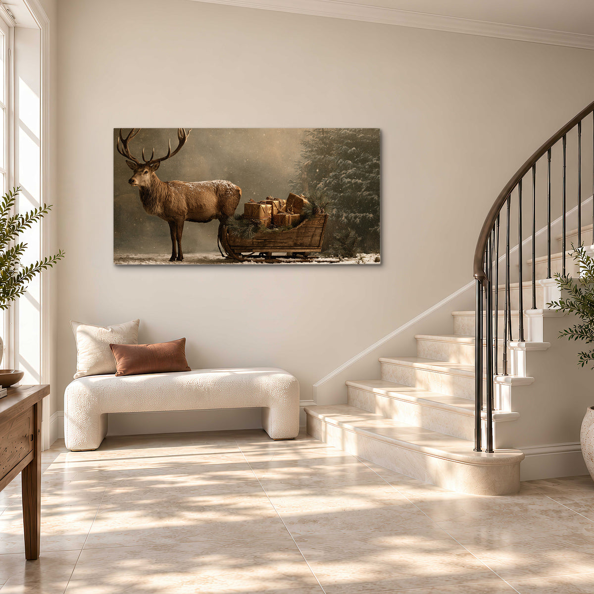 A stag beside a rustic gift-filled sleigh in a misty evergreen woodland single canvas wall art styled in an interior
