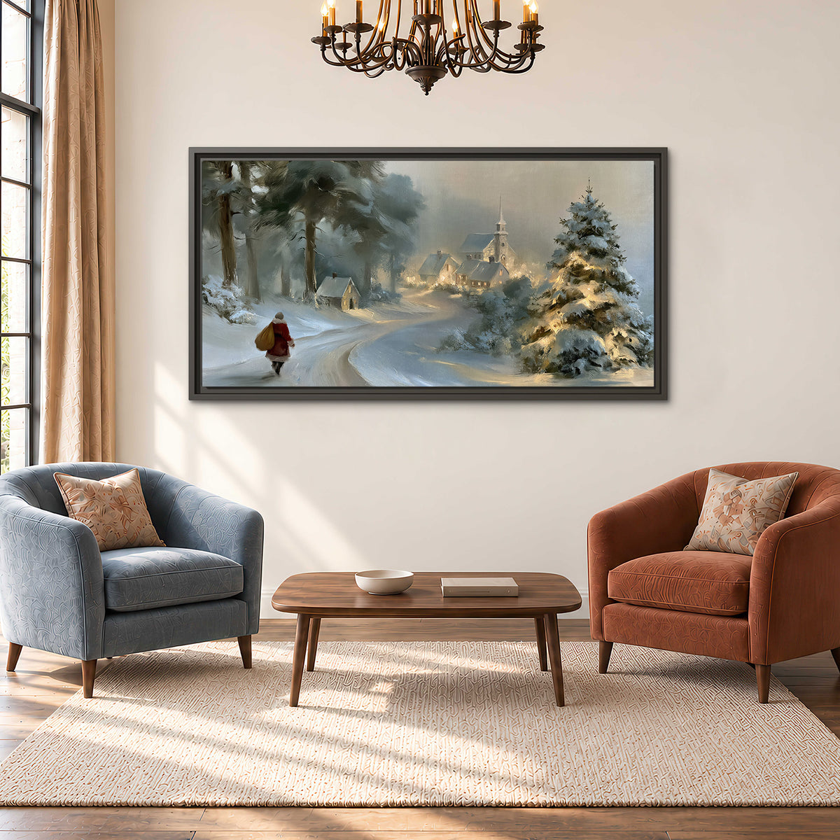A child in a red coat walking through snowy evergreen trees toward a warmly lit village single framed canvas wall art styled in an interior