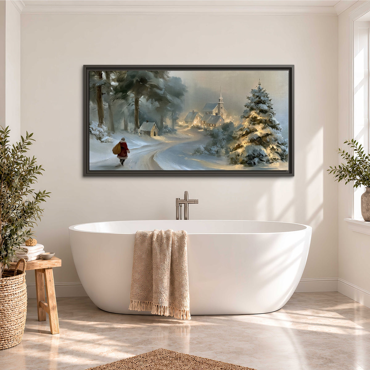 A child in a red coat walking through snowy evergreen trees toward a warmly lit village single framed canvas wall art styled in an interior