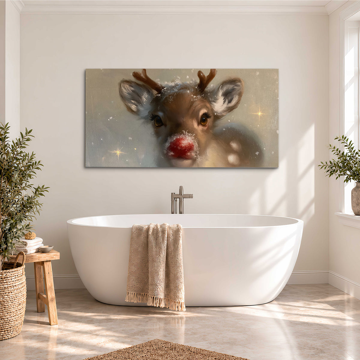 A young reindeer with a bright red nose surrounded by soft snowflakes and tiny painted stars single canvas wall art styled in an interior