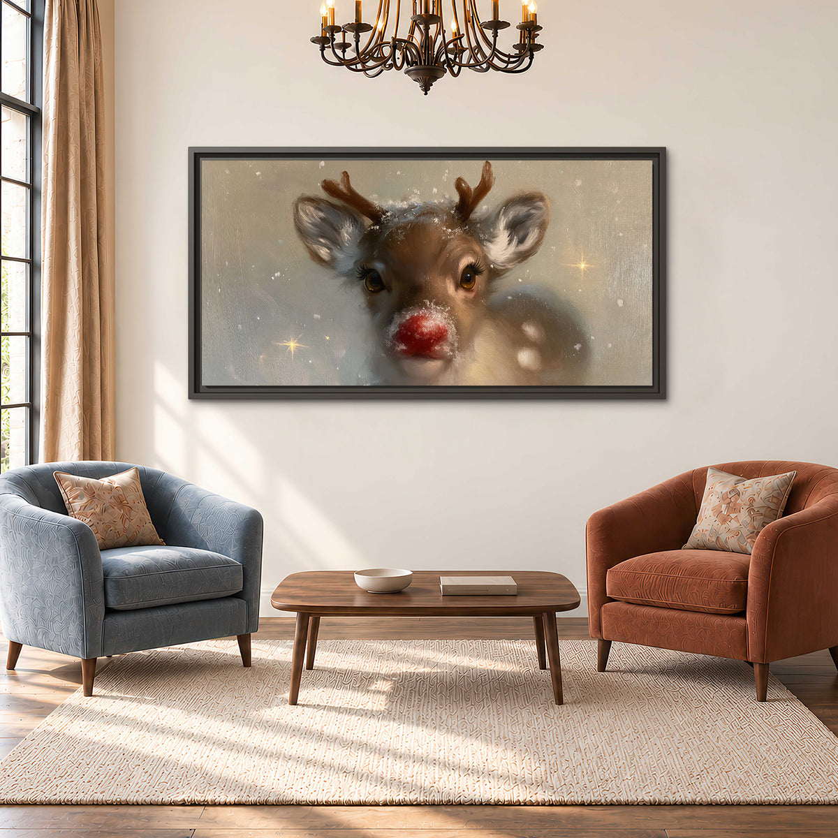 A young reindeer with a bright red nose surrounded by soft snowflakes and tiny painted stars single framed canvas wall art styled in an interior