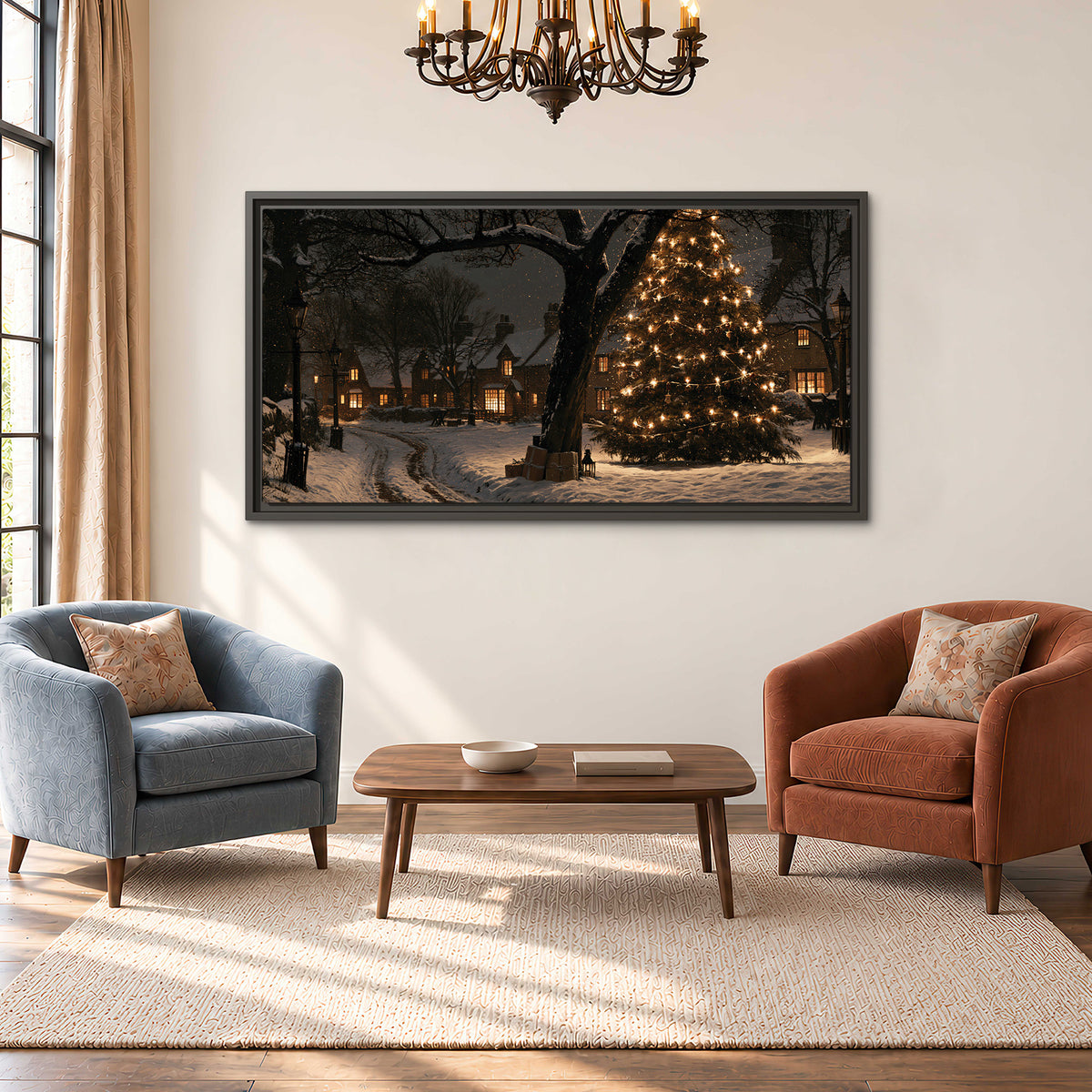 A tall illuminated Christmas tree beneath dark branches beside warmly lit snowy cottages single framed canvas wall art styled in an interior