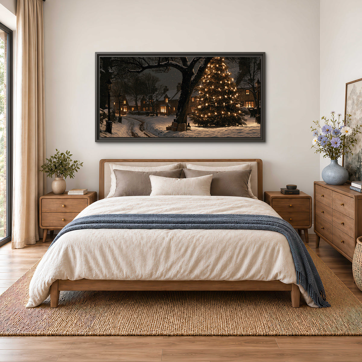 A tall illuminated Christmas tree beneath dark branches beside warmly lit snowy cottages single framed canvas wall art styled in an interior