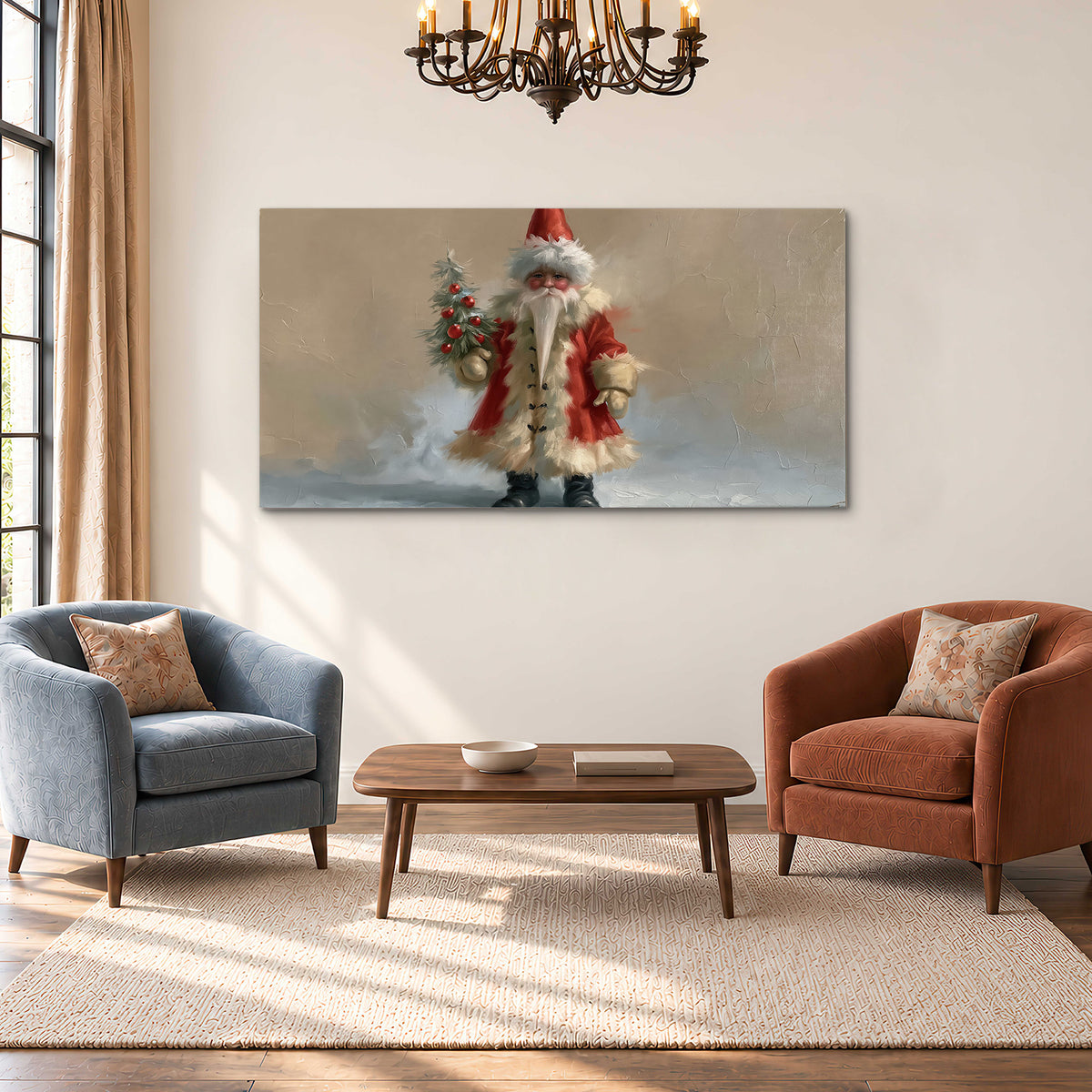 A small storybook Santa in a red coat holding a miniature Christmas tree against a soft neutral background single canvas wall art styled in an interior