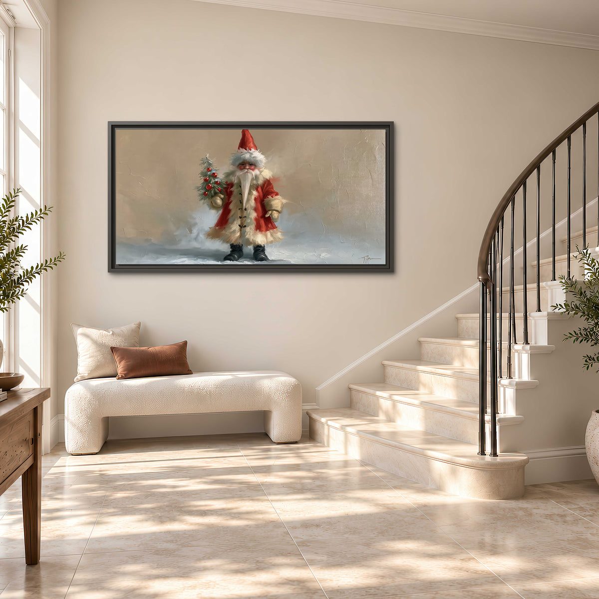 A small storybook Santa in a red coat holding a miniature Christmas tree against a soft neutral background single framed canvas wall art styled in an interior