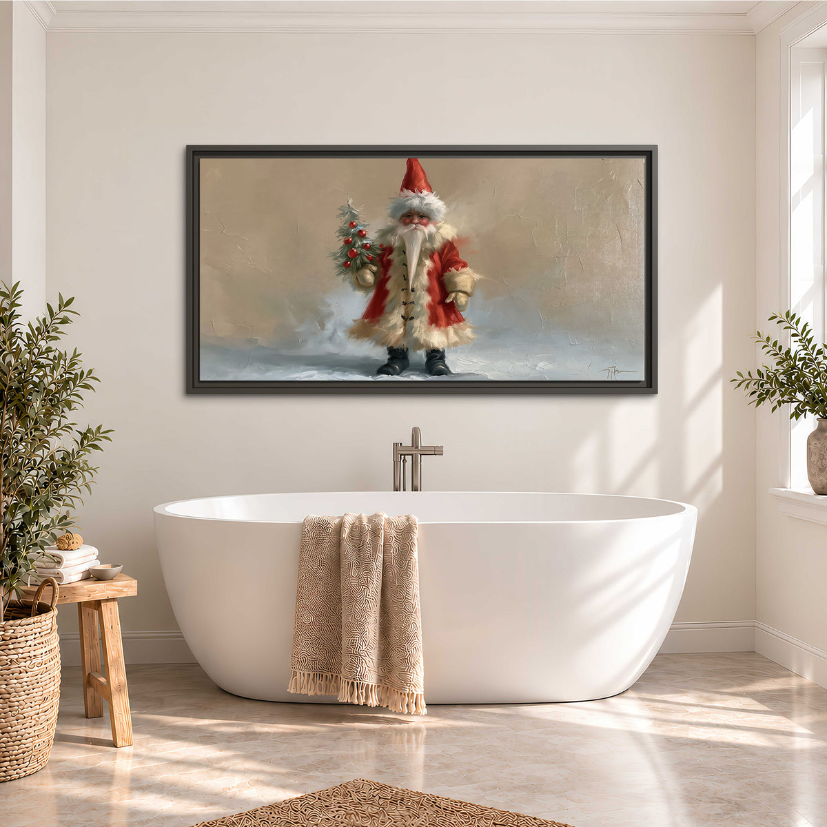 A small storybook Santa in a red coat holding a miniature Christmas tree against a soft neutral background single framed canvas wall art styled in an interior
