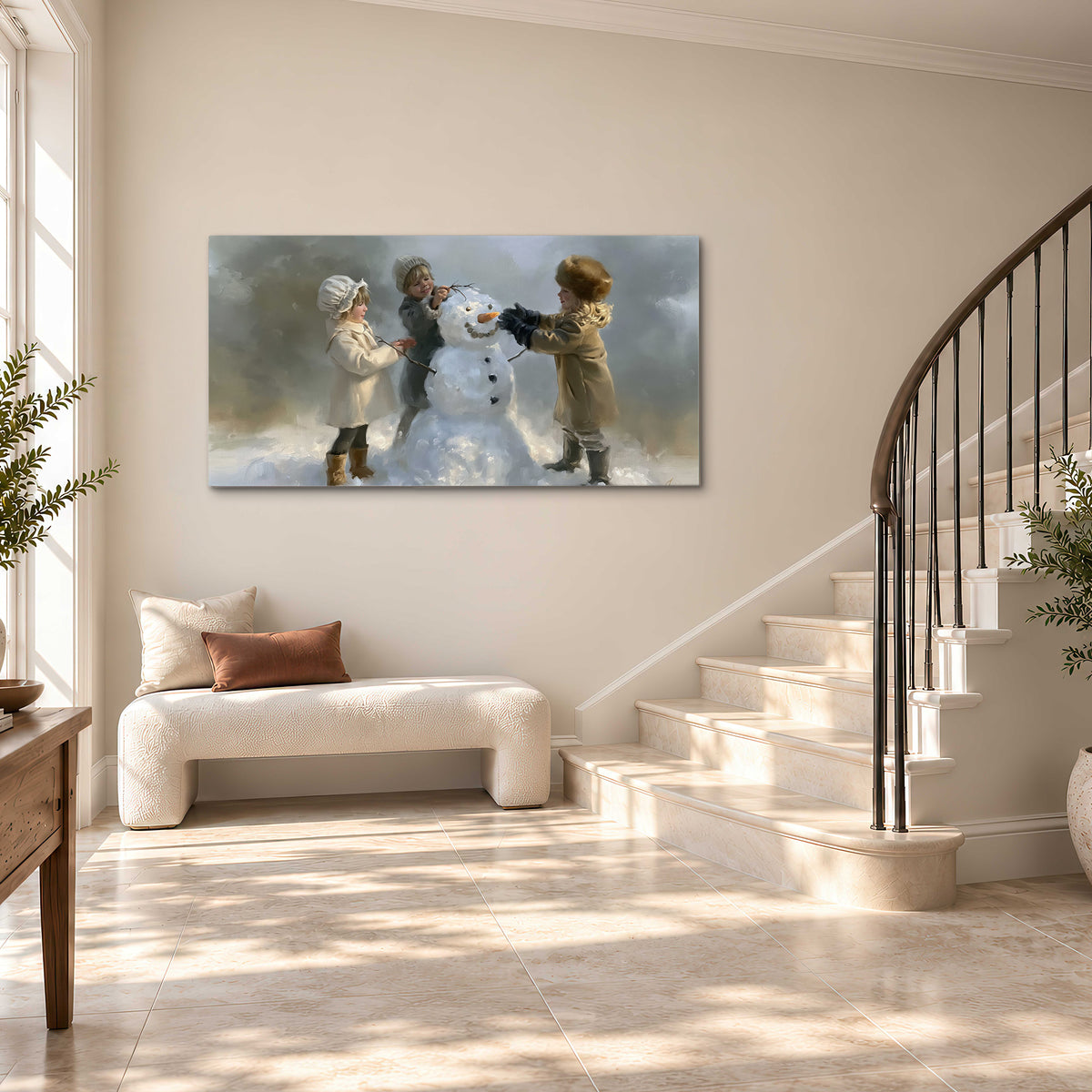 Three children gathering around a cheerful snowman on a quiet snowy winter day single canvas wall art styled in an interior