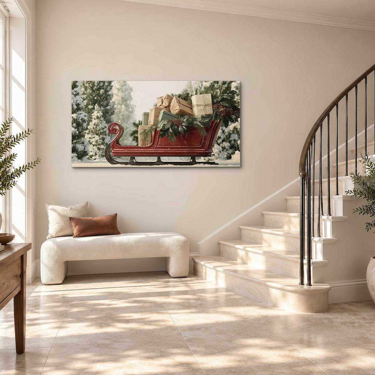 A red sleigh filled with wrapped gifts and evergreen branches among snowy fir trees single canvas wall art styled in an interior