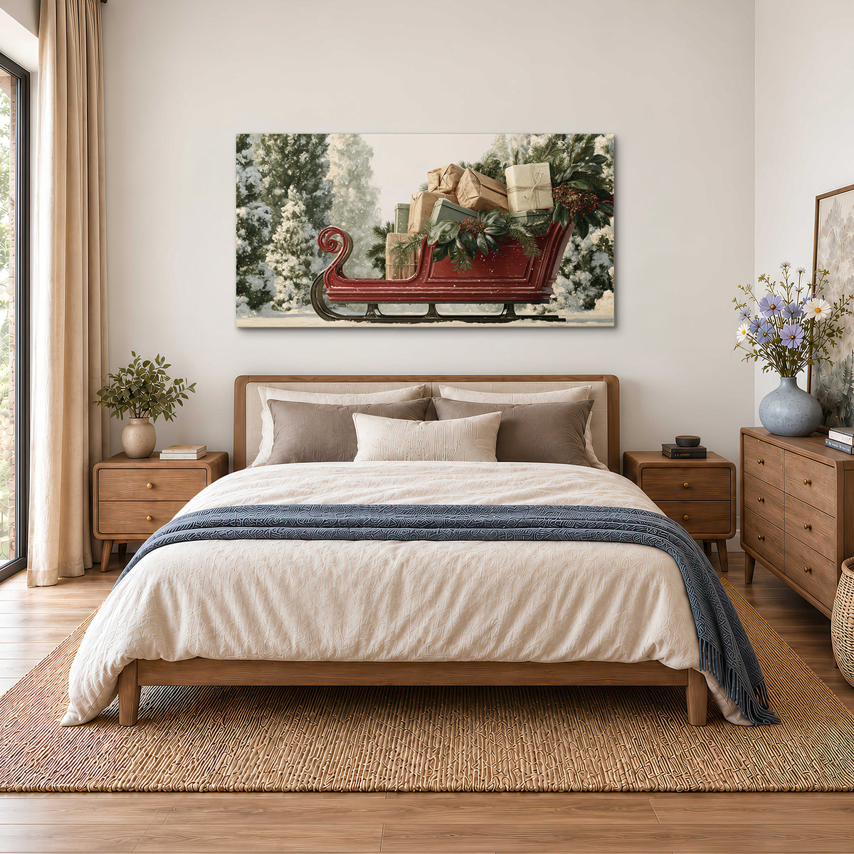 A red sleigh filled with wrapped gifts and evergreen branches among snowy fir trees single canvas wall art styled in an interior