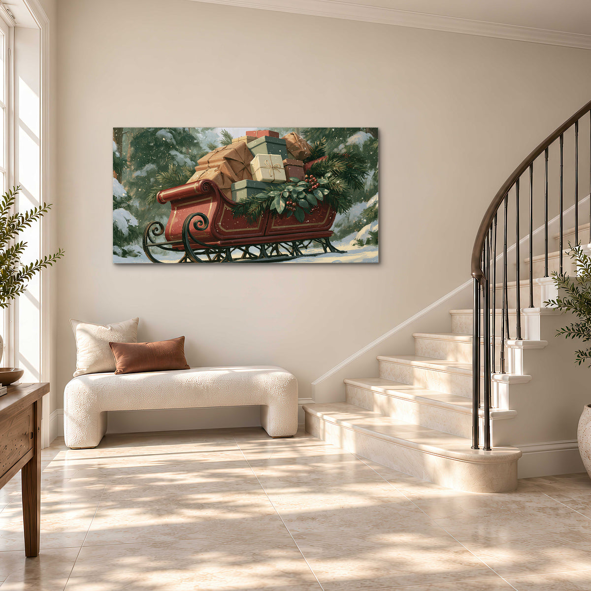 A red sleigh stacked with warm neutral gifts beneath snow-covered evergreen branches single canvas wall art styled in an interior
