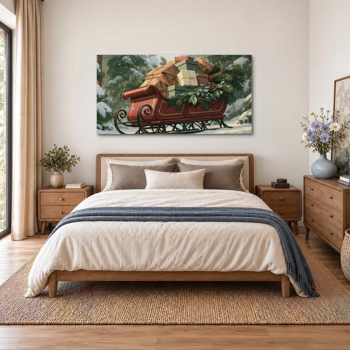 A red sleigh stacked with warm neutral gifts beneath snow-covered evergreen branches single canvas wall art styled in an interior