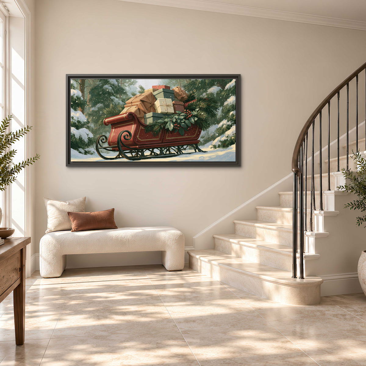 A red sleigh stacked with warm neutral gifts beneath snow-covered evergreen branches single framed canvas wall art styled in an interior