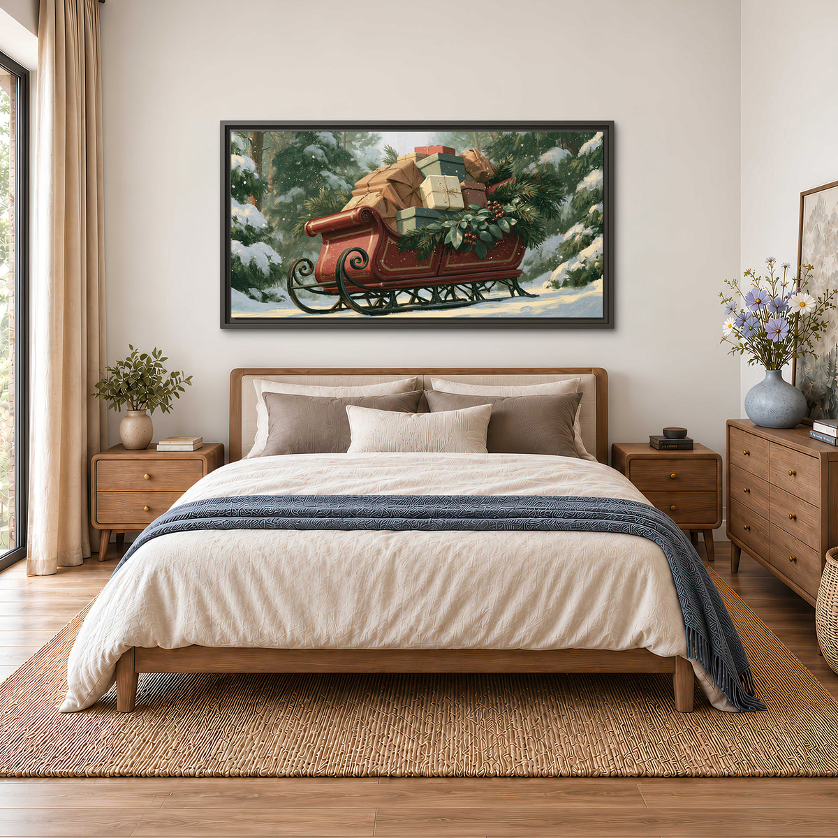 A red sleigh stacked with warm neutral gifts beneath snow-covered evergreen branches single framed canvas wall art styled in an interior