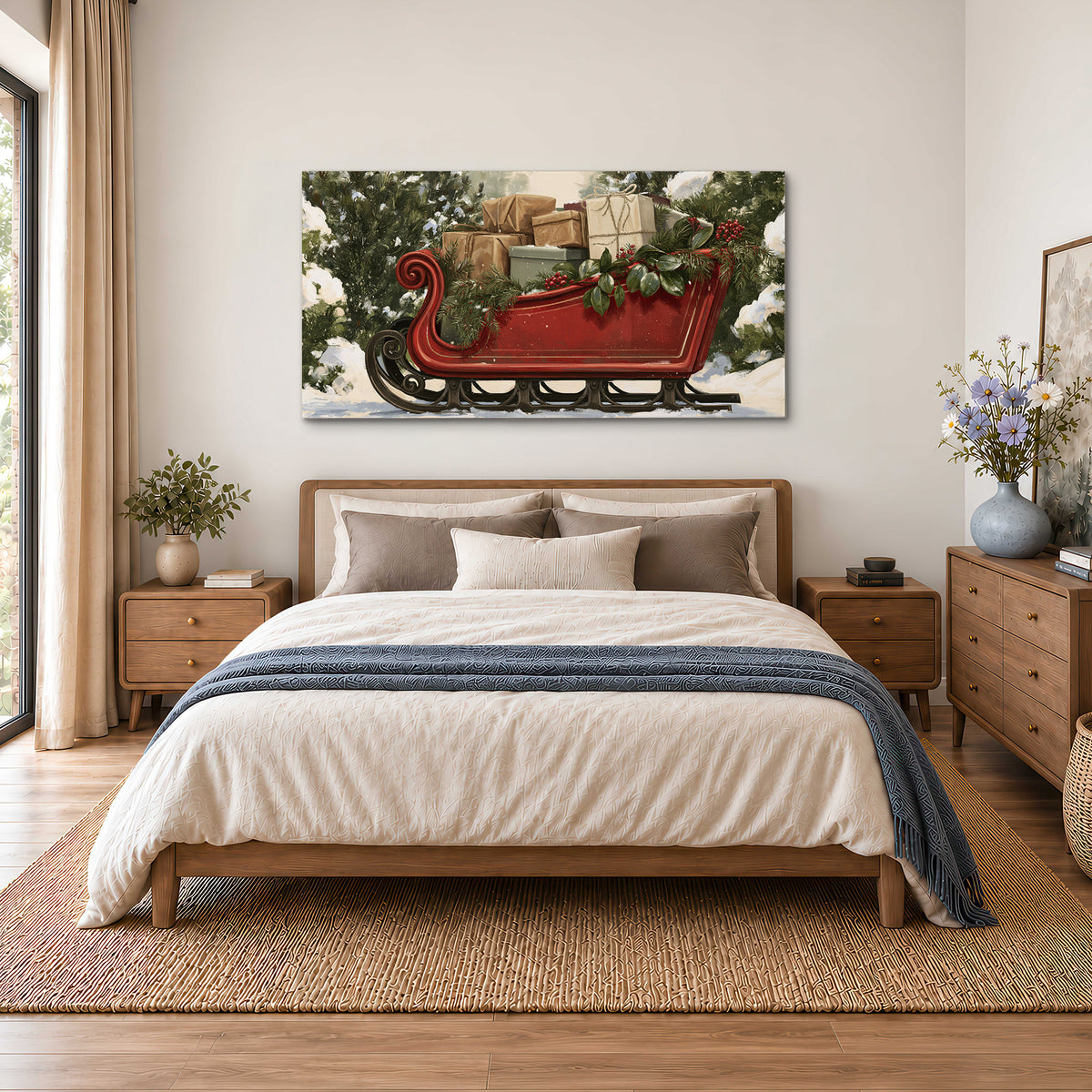 A decorative red holiday sleigh carrying wrapped presents and greenery through a snowy woodland single canvas wall art styled in an interior
