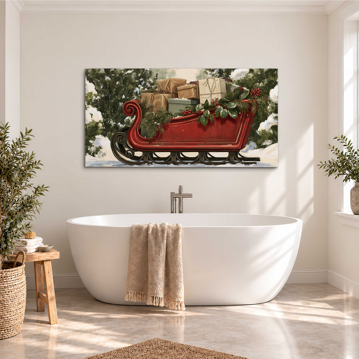 A decorative red holiday sleigh carrying wrapped presents and greenery through a snowy woodland single canvas wall art styled in an interior
