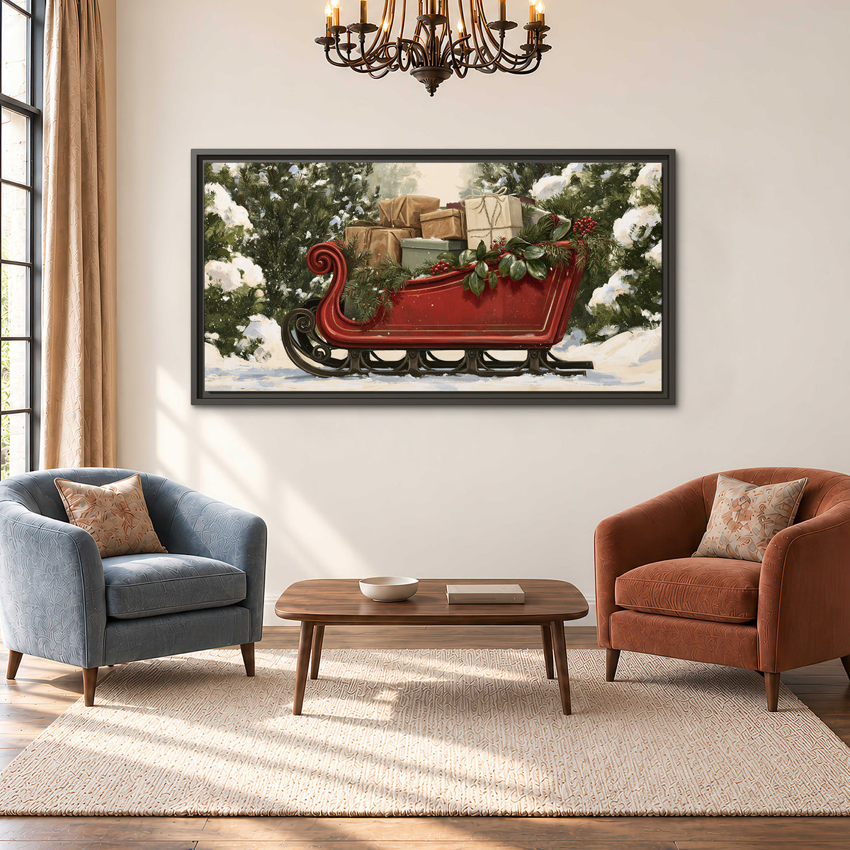 A decorative red holiday sleigh carrying wrapped presents and greenery through a snowy woodland single framed canvas wall art styled in an interior