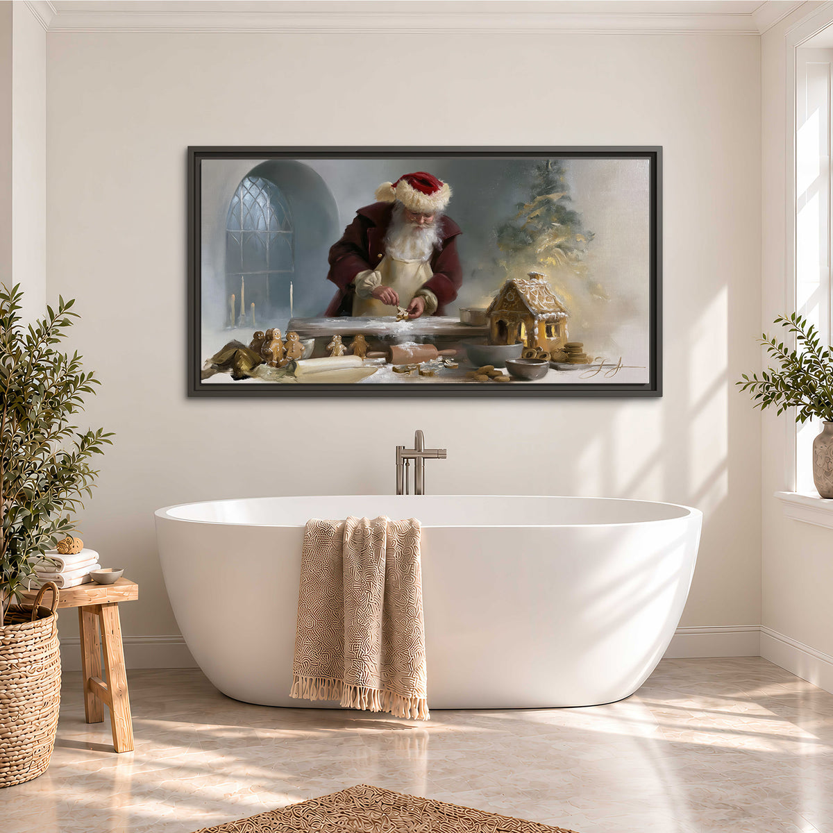 Santa working with dough beside a gingerbread house in a softly lit Christmas kitchen single framed canvas wall art styled in an interior