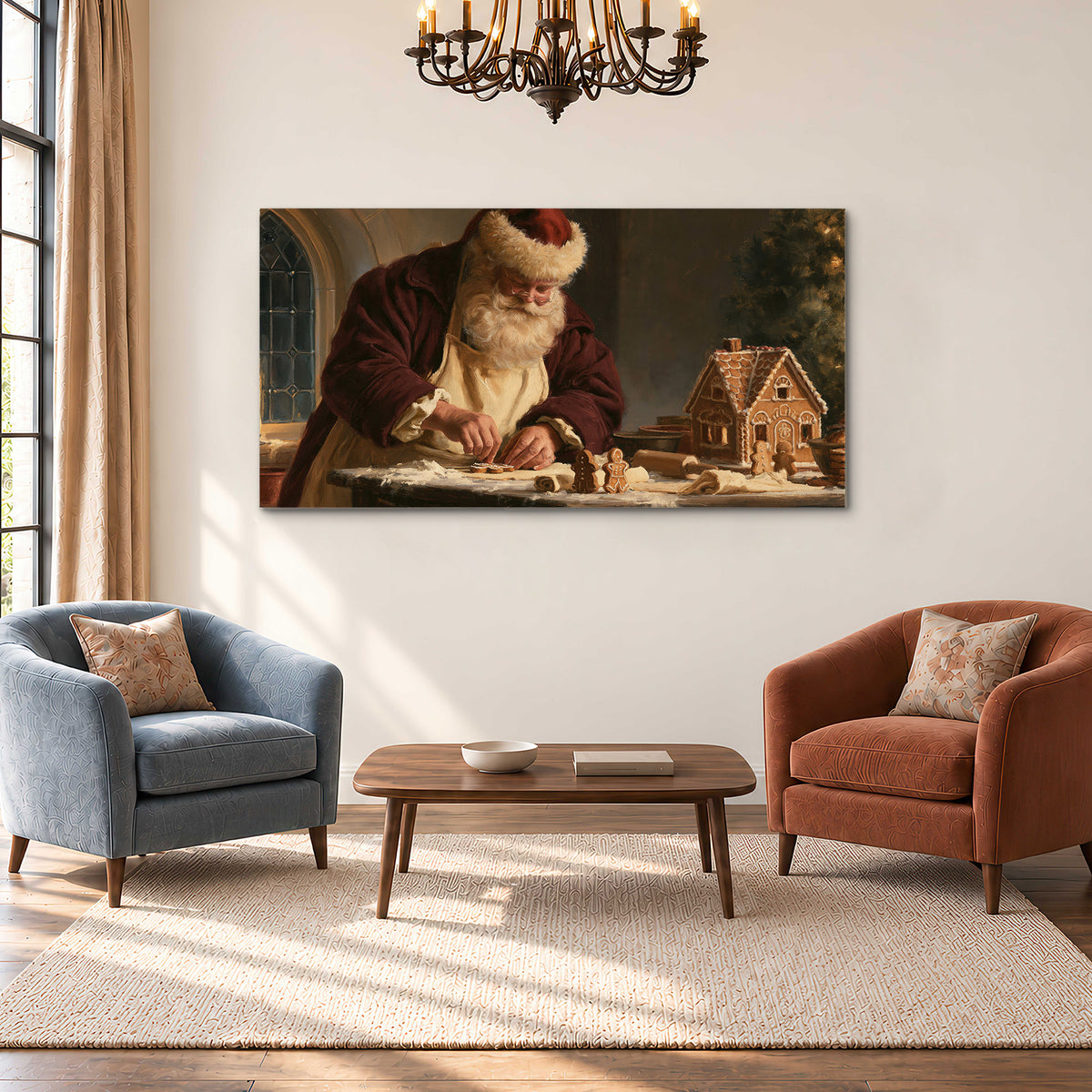Santa shaping a gingerbread creation at a worktable beside a glowing Christmas tree single canvas wall art styled in an interior