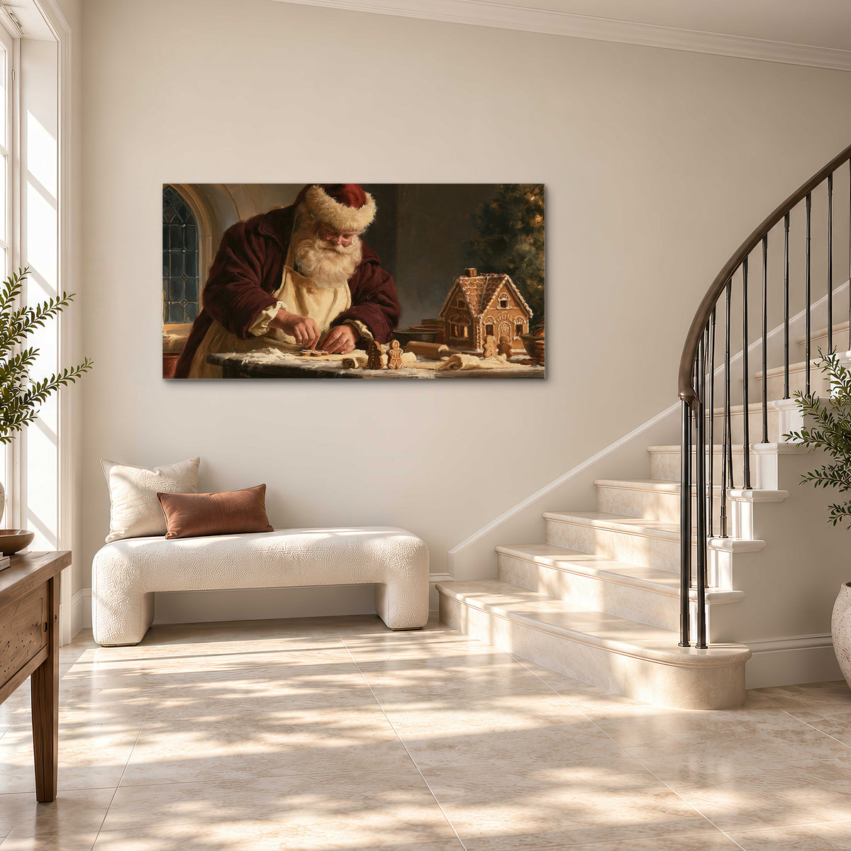 Santa shaping a gingerbread creation at a worktable beside a glowing Christmas tree single canvas wall art styled in an interior