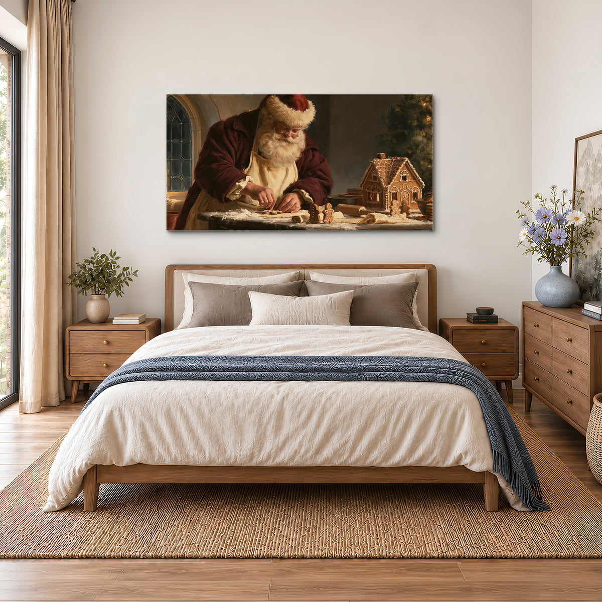 Santa shaping a gingerbread creation at a worktable beside a glowing Christmas tree single canvas wall art styled in an interior