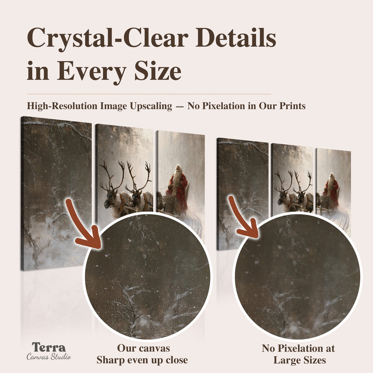 Santa riding a reindeer-drawn sleigh along a winding snowy woodland path artwork quality information