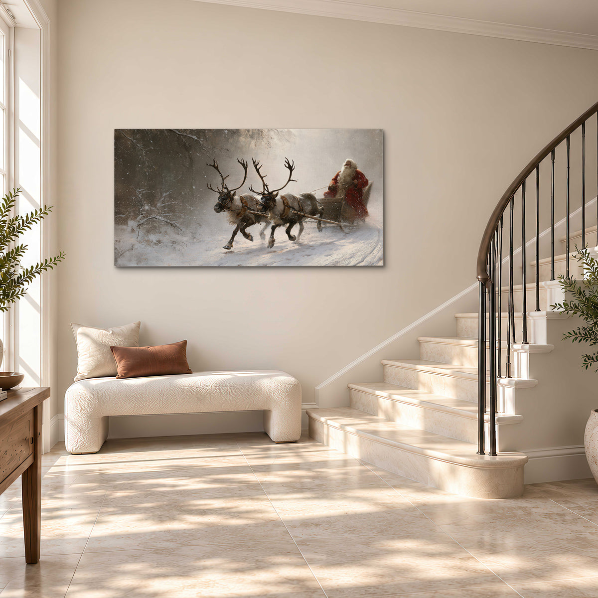 Santa riding a reindeer-drawn sleigh along a winding snowy woodland path single canvas wall art styled in an interior