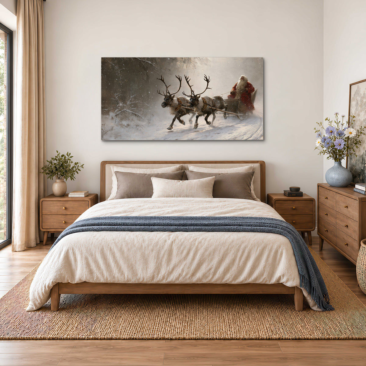 Santa riding a reindeer-drawn sleigh along a winding snowy woodland path single canvas wall art styled in an interior