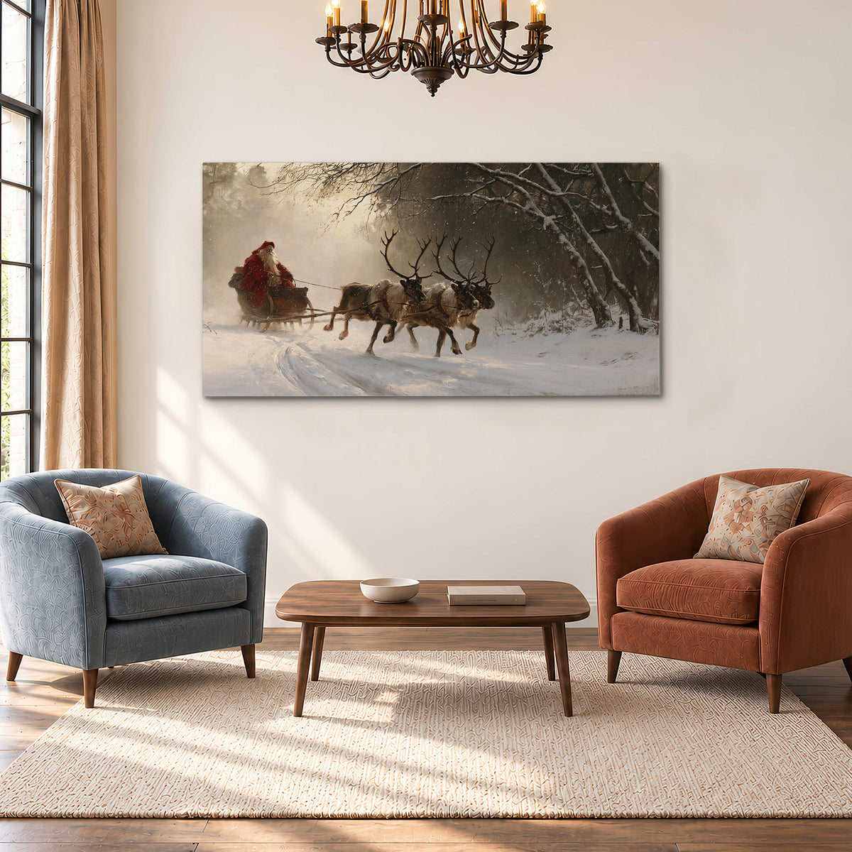 A reindeer team pulling Santa through a quiet snow-covered forest single canvas wall art styled in an interior