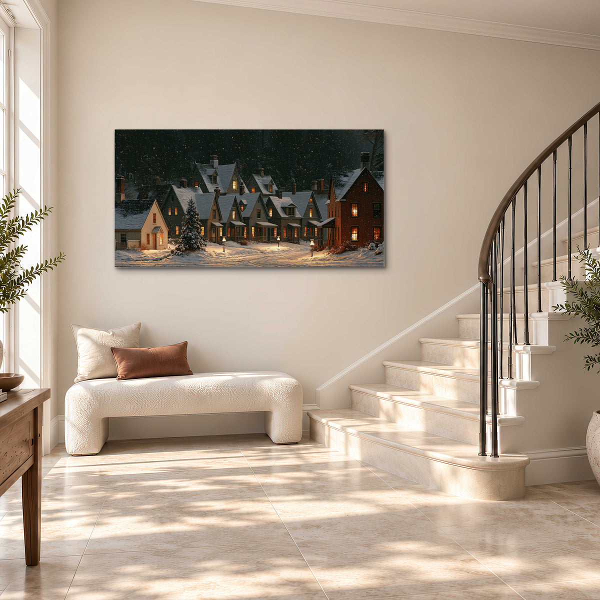 Snow-covered village cottages with glowing windows beneath a dark evergreen forest single canvas wall art styled in an interior