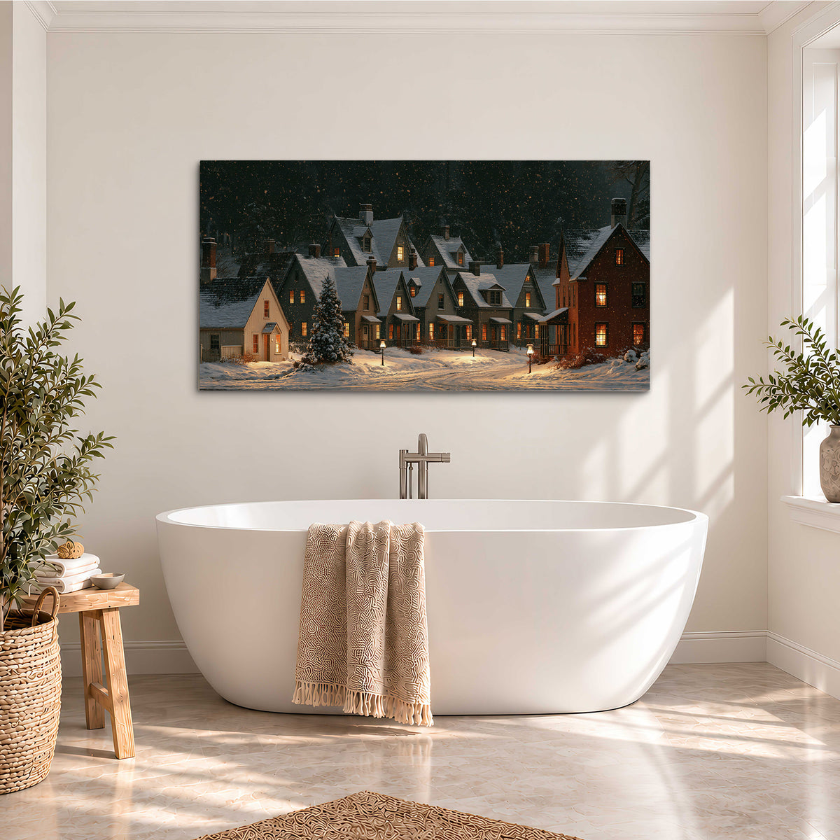 Snow-covered village cottages with glowing windows beneath a dark evergreen forest single canvas wall art styled in an interior