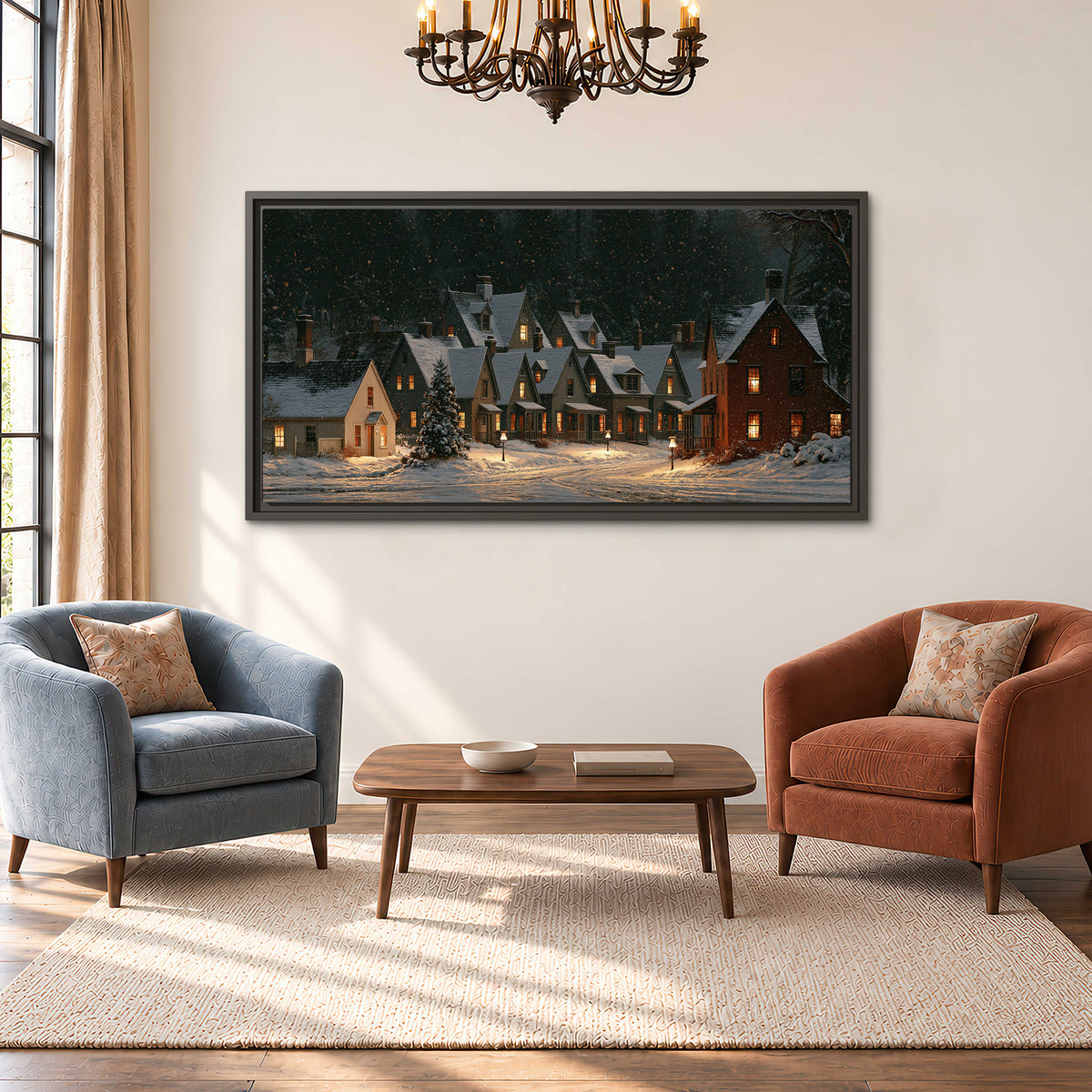 Snow-covered village cottages with glowing windows beneath a dark evergreen forest single framed canvas wall art styled in an interior