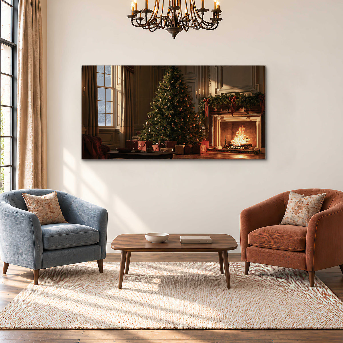 A decorated Christmas tree and wrapped presents beside a glowing fireplace in a cozy wood-paneled room single canvas wall art styled in an interior
