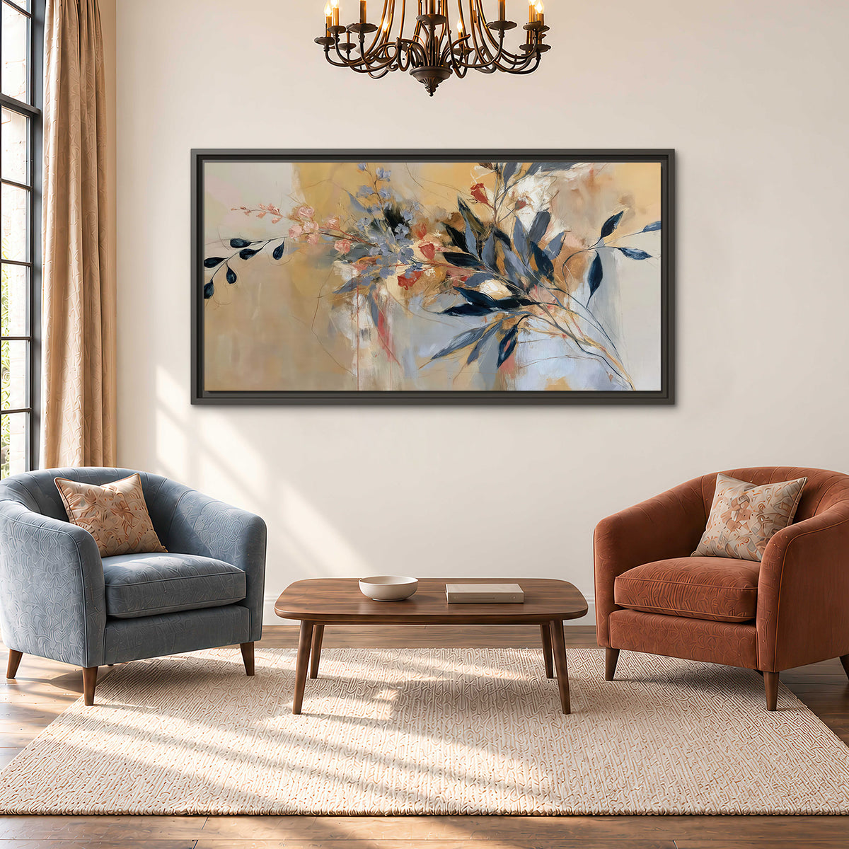 Loose dark blue leaves and pale blossoms on a warm beige painterly background single framed canvas wall art styled in an interior