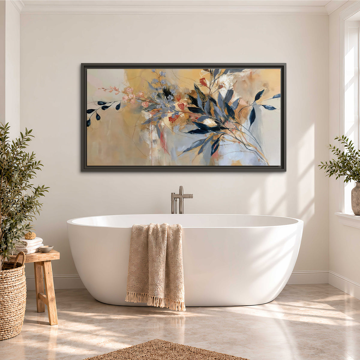 Loose dark blue leaves and pale blossoms on a warm beige painterly background single framed canvas wall art styled in an interior