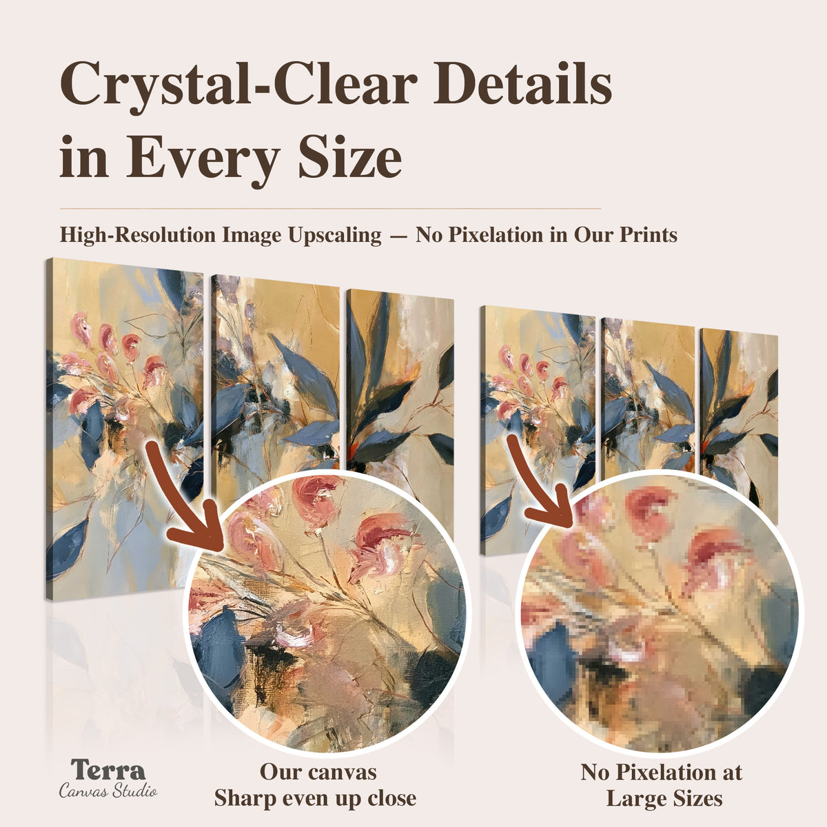 Layered navy leaves and muted pink blossoms against a golden cream background artwork quality information