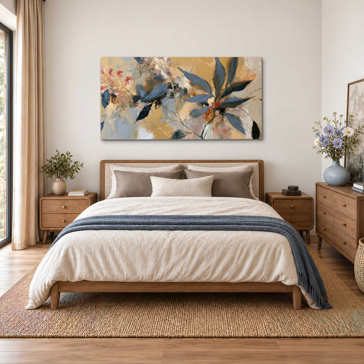 Layered navy leaves and muted pink blossoms against a golden cream background single canvas wall art styled in an interior