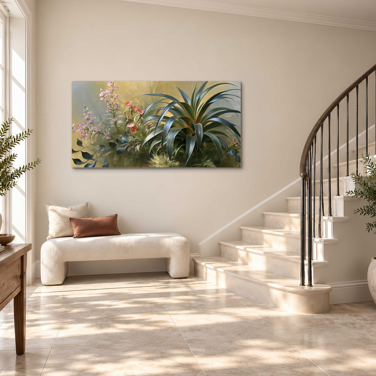 Arching green leaves beside delicate pink garden flowers in soft warm light single canvas wall art styled in an interior