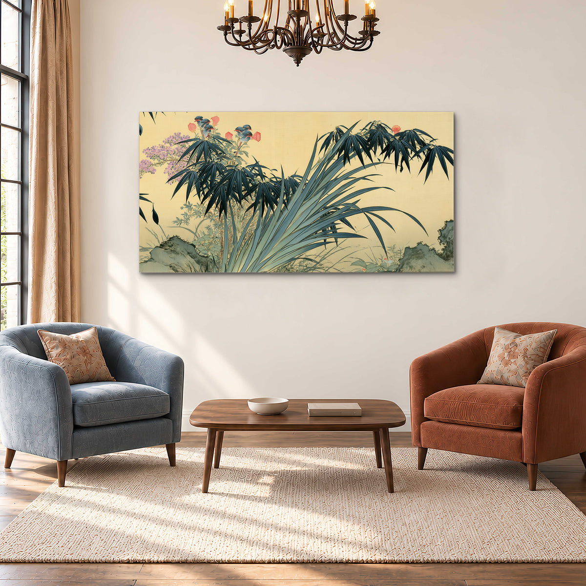 Graceful bamboo leaves and small blossoms on a warm parchment-toned background single canvas wall art styled in an interior