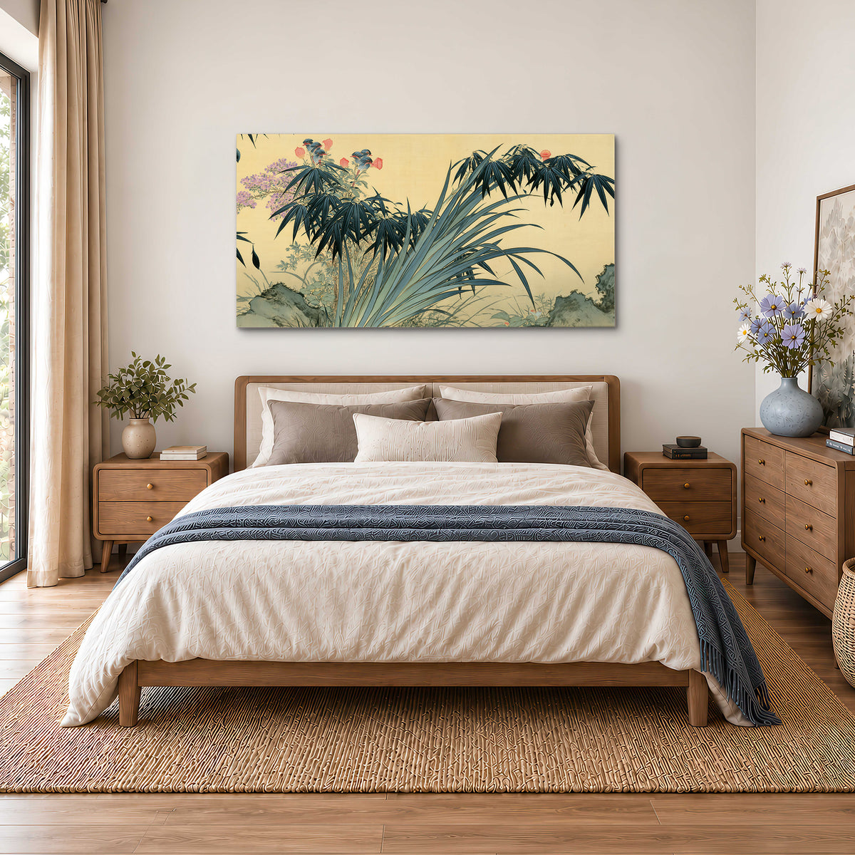 Graceful bamboo leaves and small blossoms on a warm parchment-toned background single canvas wall art styled in an interior