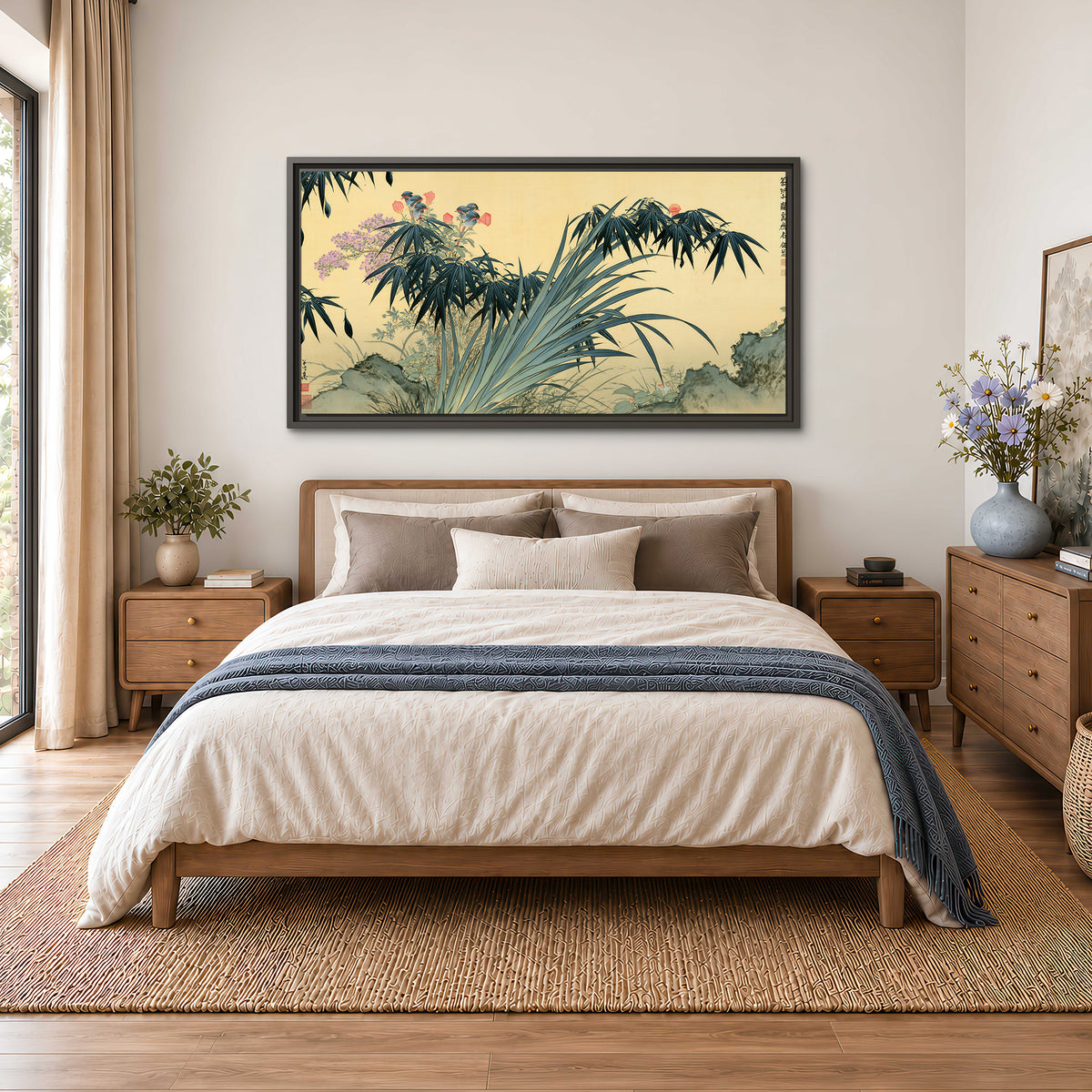 Graceful bamboo leaves and small blossoms on a warm parchment-toned background single framed canvas wall art styled in an interior