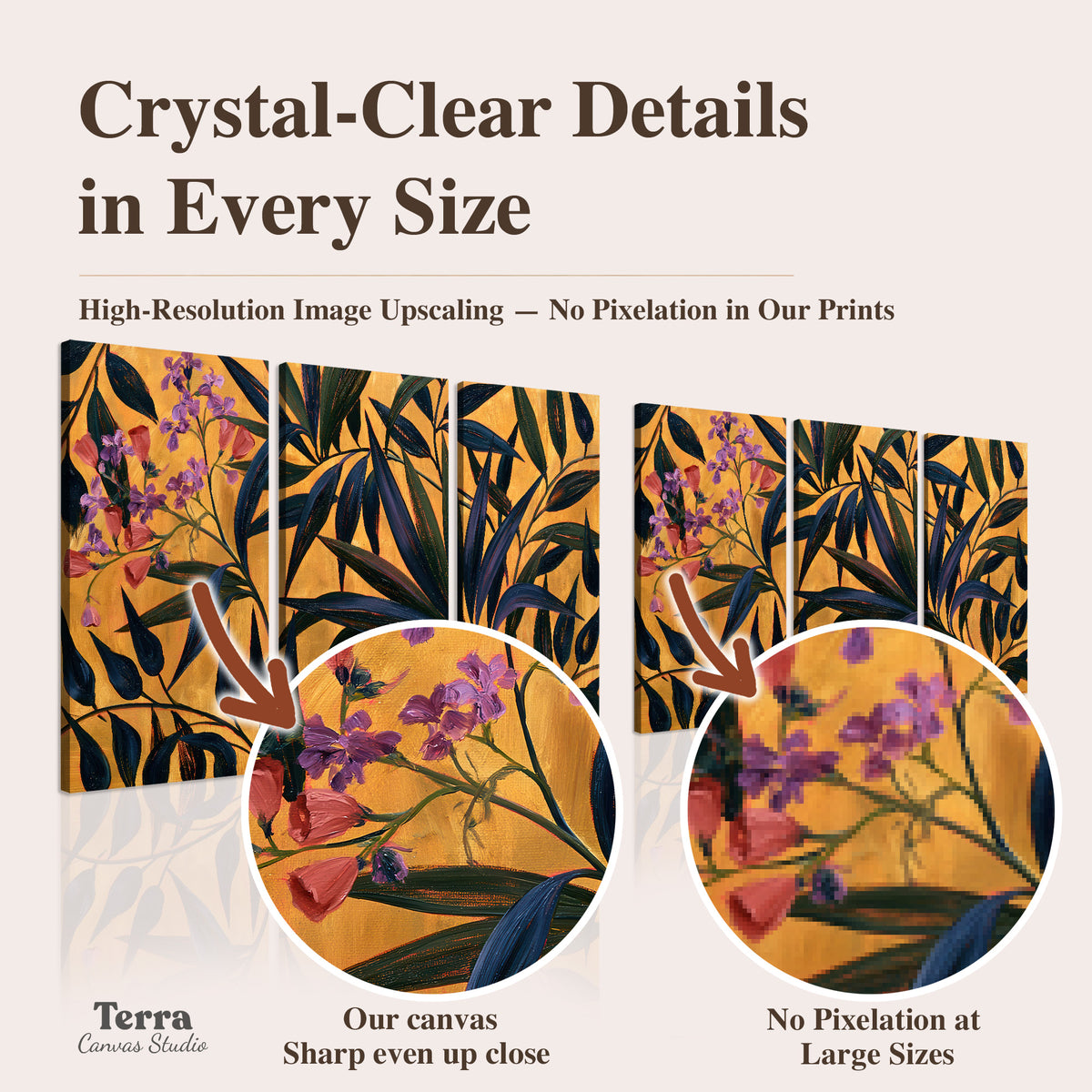 Dark pointed bamboo leaves across an ochre background with small pink floral accents artwork quality information