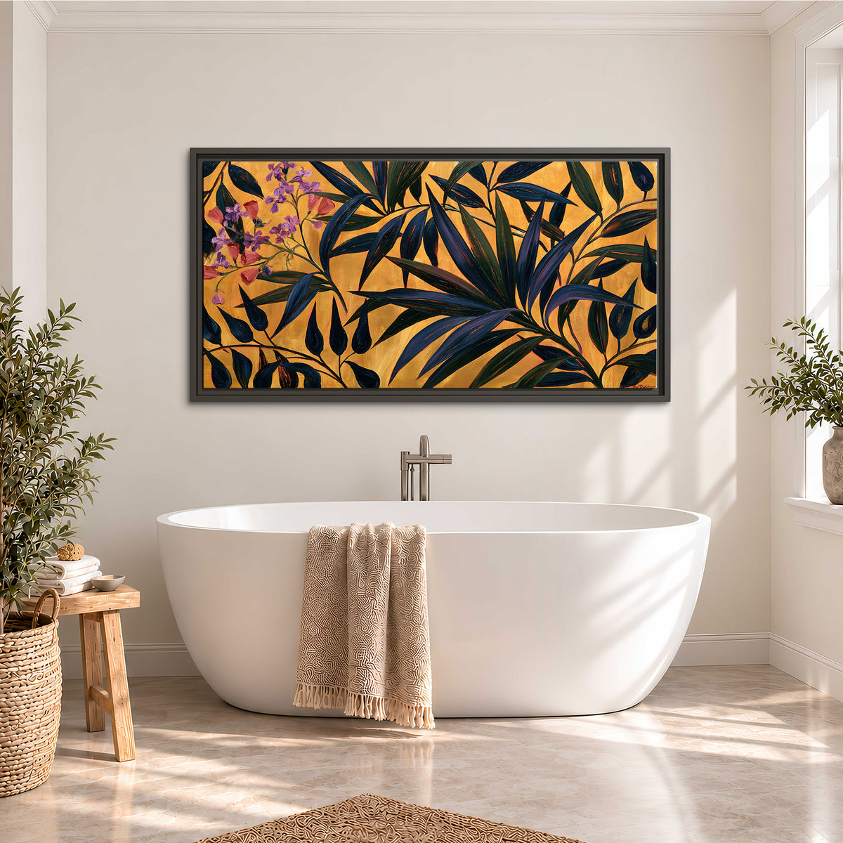 Dark pointed bamboo leaves across an ochre background with small pink floral accents single framed canvas wall art styled in an interior